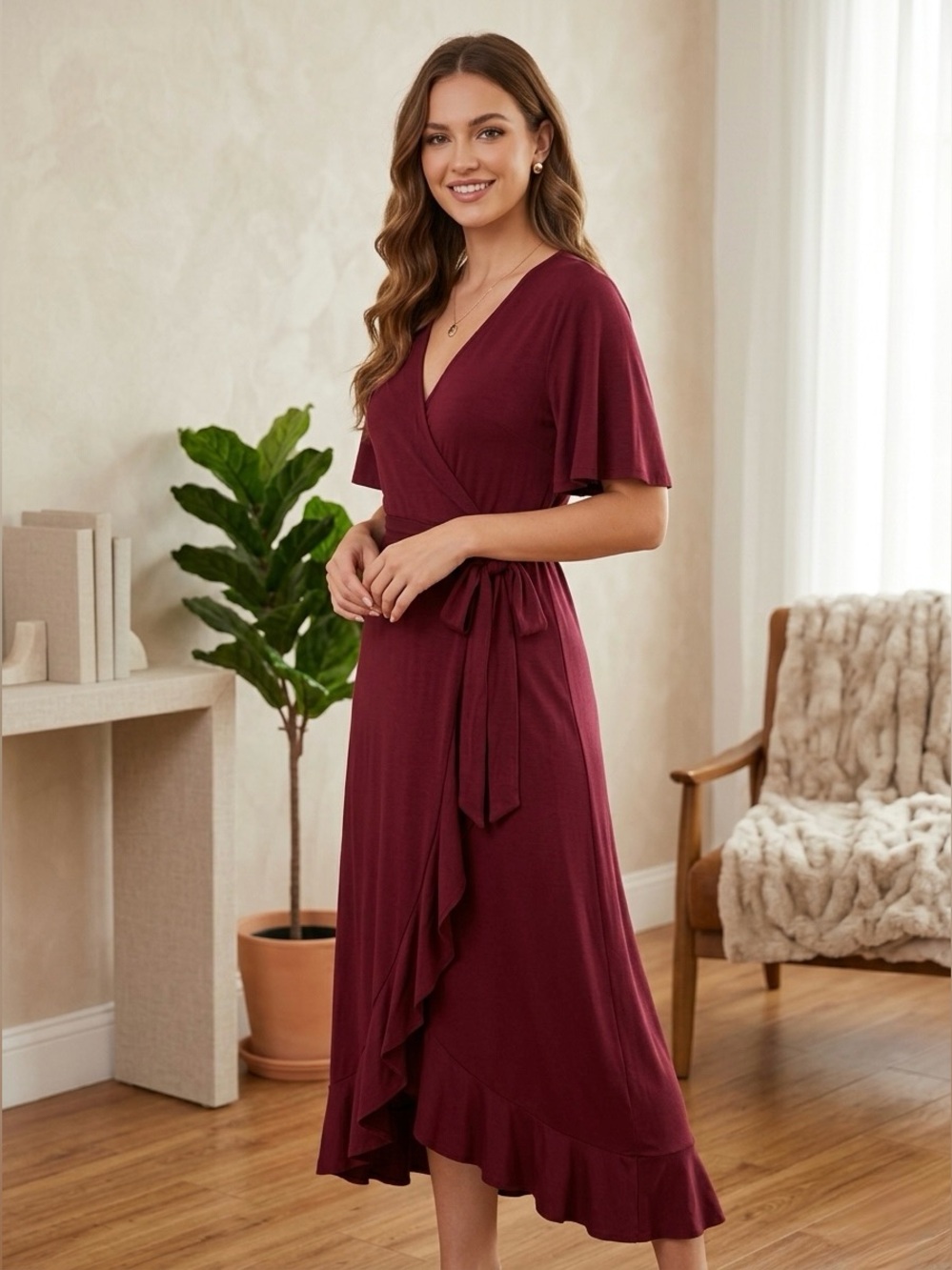 Amazon Maternity Maroon Burgundy Wrap Maxi Dress Ruffle High Low Medium